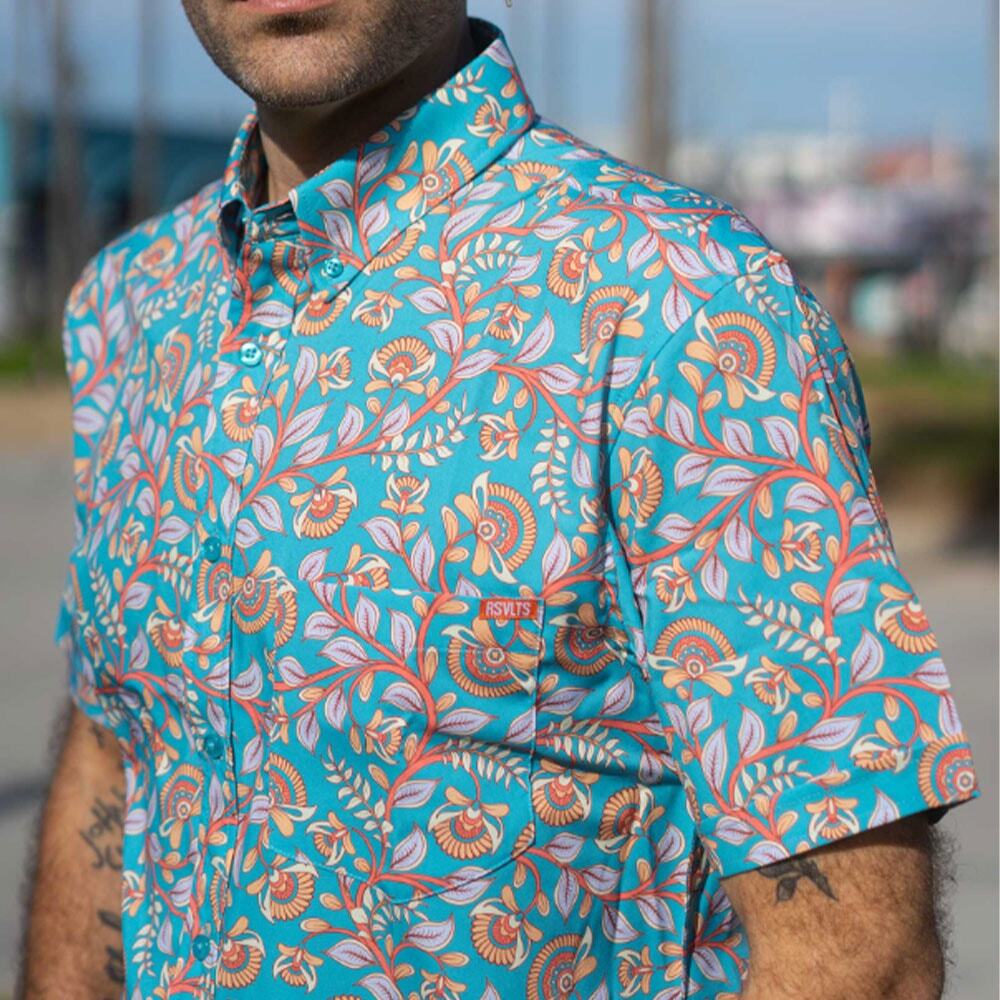 RSVLTS Kalamkari Teal Floral Kunuflex Short Sleeve Button Down Shirt Travel L